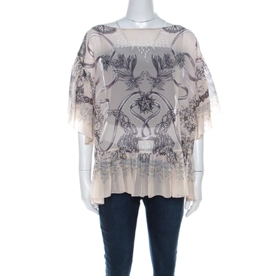 Pre-owned Roberto Cavalli Cream And Brown Silk Chiffon Botanical Print Top M