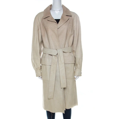 Pre-owned Oscar De La Renta Beige Perforated Python Embossed Leather Belted Coat L