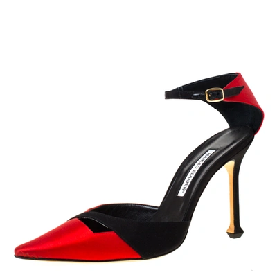 Pre-owned Manolo Blahnik Red/black Satin Kobra Pointed Toe Ankle Strap Pumps Size 40.5