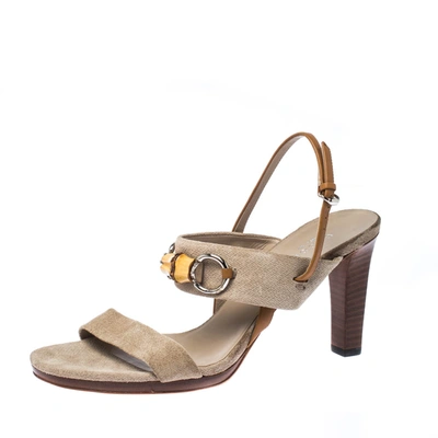 Pre-owned Gucci Beige Canvas Bamboo Horsebit Slingback Sandals Size 40