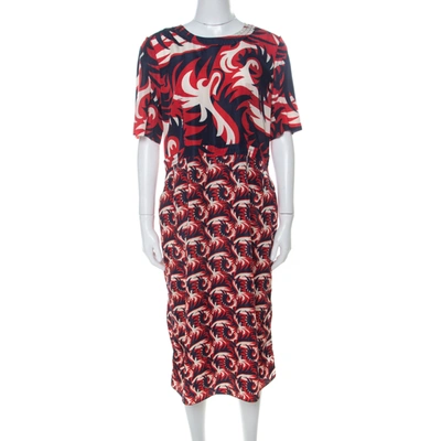 Pre-owned Marni Red & Blue Mixed Print Silk Blend Short Sleeve Dress M