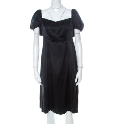 Pre-owned Issa Black Silk Puff Sleeve Front Bow Detail Short Dress L