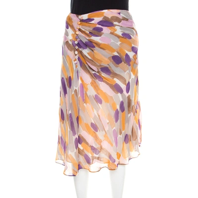 Pre-owned Escada Multicolor Brushstroke Print Silk Ruched Front Flared Skirt M