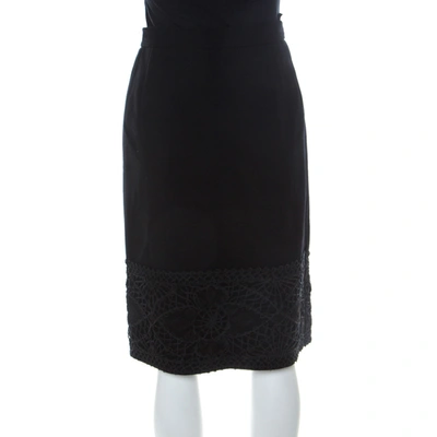 Pre-owned Valentino Boutique Vintage Black Crepe Wool Corded Lace Hem Detail Skirt L