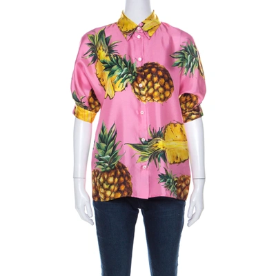 Pre-owned Dolce & Gabbana Pink Pineapple Print Silk Twill Boxy Shirt S