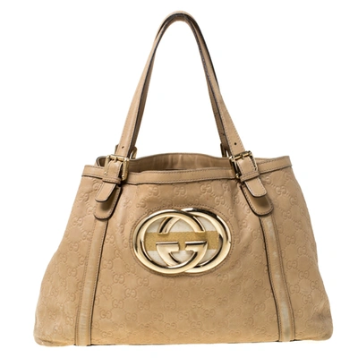 Pre-owned Gucci Beige Leather Medium Gg Britt Tote