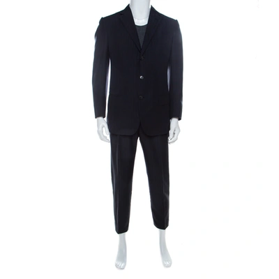 Pre-owned Ermenegildo Zegna Dark Blue & Black Striped Mohair & Wool Blend Classic Fit Suit L