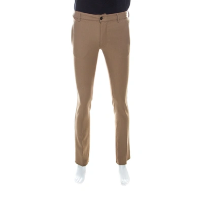 Pre-owned Roberto Cavalli Class By  Camel Brown Twiil Wool Leather Detail Tapered Trousers L