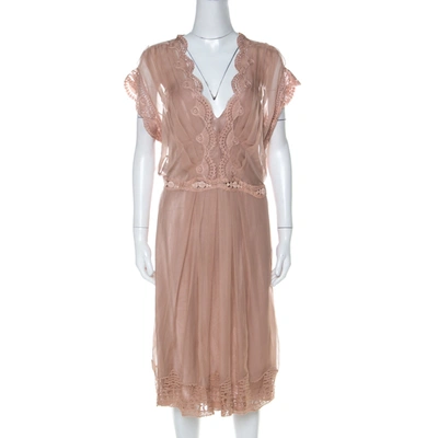 Pre-owned Alberta Ferretti Blush Pink Silk Chiffon Lace Detail Dress L