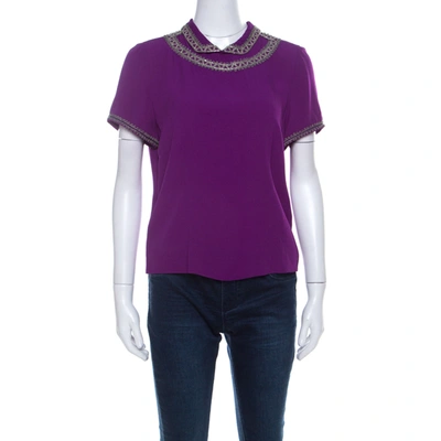 Pre-owned Isabel Marant Purple Silk Embellished Collar Half Sleeve Top L