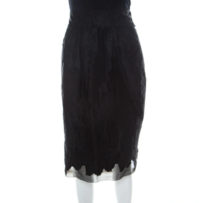 Pre-owned Fendi Black Silk & Wool Applique Knee Length Sheath Skirt L