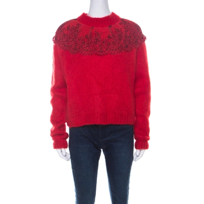 Pre-owned Christopher Kane Red Mohair Wool Blend Lace Applique Sweater L