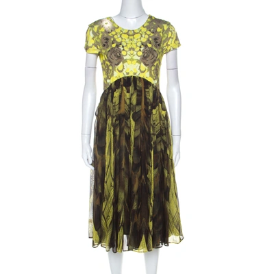 Pre-owned Mcq By Alexander Mcqueen Yellow & Brown Digital Print Jersey & Silk Dress Xl