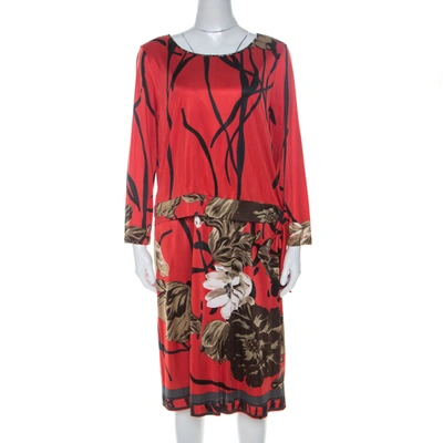 Pre-owned Elie Tahari Red Printed Jersey Layered Dress L
