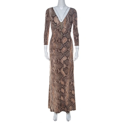 Pre-owned Roberto Cavalli Brown Python Print Front Lace Detail Maxi Dress M