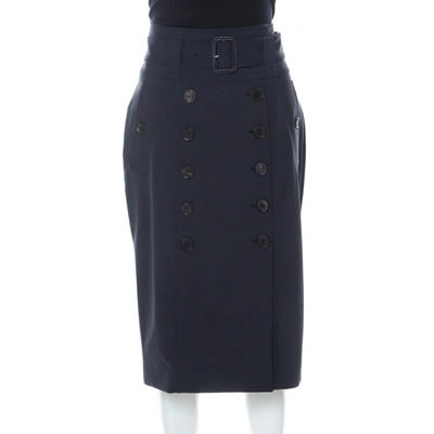 Pre-owned Burberry Navy Blue Stretch Crepe Button Front Trench Midi Skirt L