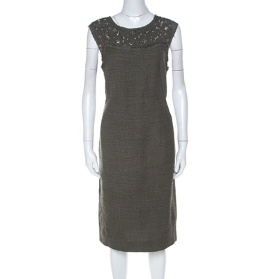 Pre-owned Escada Olive Green Tweed Embellished Delrose Sleeveless Dress M