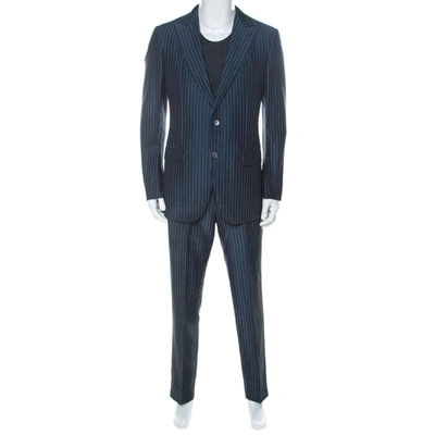 Pre-owned Ermenegildo Zegna Couture Blue Striped Linen And Silk Blend Regular Fit Suit L