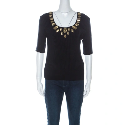 Pre-owned Escada Navy Blue Rib Knit Gold Embellished Neckline Three Quarter Sleeve Top M