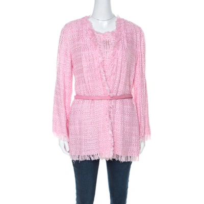 Pre-owned Emanuel Ungaro Pink Tweed Embellished Detail Top & Belted Jacket Set S