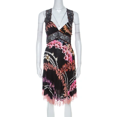 Pre-owned Just Cavalli Black Orchid Print Stretch Lace Trimmed Cross Back Dress M