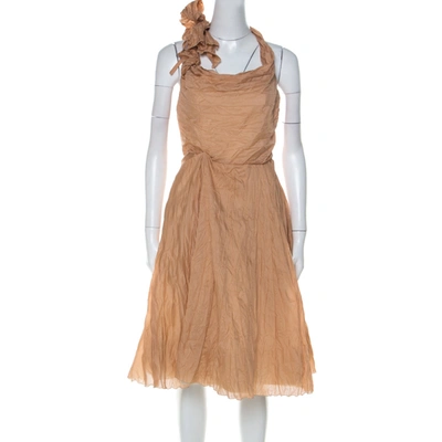 Pre-owned Celine Céline Dusky Orange Silk Blend Ruched Detail Halter Neck Dress L