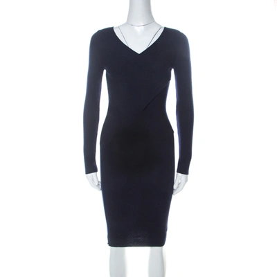 Pre-owned Moschino Navy Blue Rib Knit Wrap Bodice Long Sleeve Midi Dress S