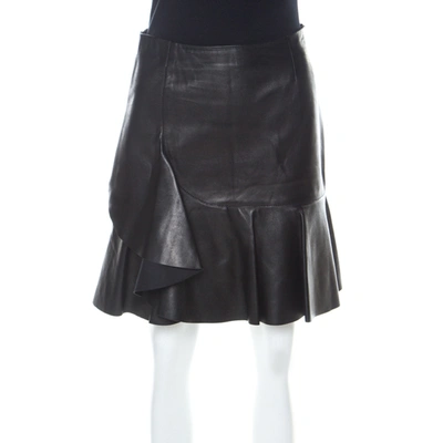 Pre-owned Alexander Mcqueen Black Leather Asymmetric Ruffle Short Skirt S