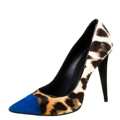 Pre-owned Giuseppe Zanotti Multicolor Leopard Print Pony Hair And Blue Suede Pointed Toe Pumps Size 37.5