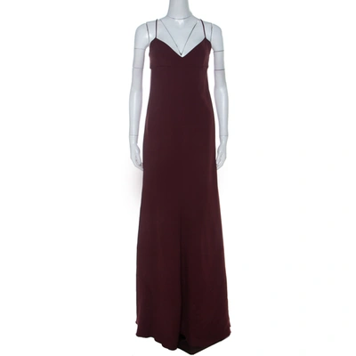 Pre-owned Valentino Burgundy Crepe Knit Plunge Neck Strappy Evening Gown L