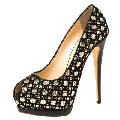 Pre-owned Giuseppe Zanotti Guiseppe Zannotti Black Sharon Glitter And Lace Liza Peep Toe Platform Pump Size 38