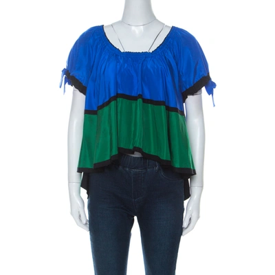 Pre-owned Kenzo Blue Black And Green Color Block Off Shoulder Top M