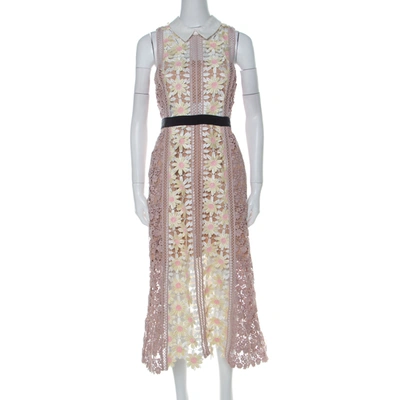 Pre-owned Self-portrait Pink-beige & Yellow Floral Guipuire Lace Peter-pan Collar Midi Dress M