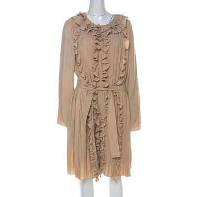 Pre-owned Chloé Beige Silk Blend Belted Front Ruffle Full Sleeve Pleated Long Dress L