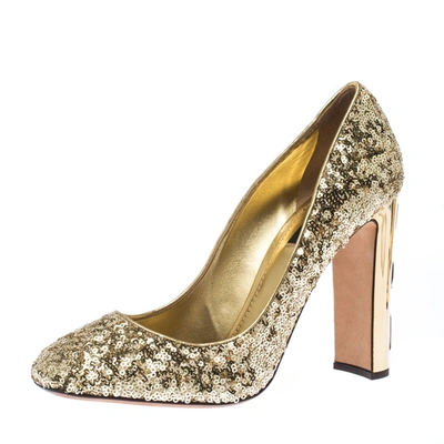 Pre-owned Dolce & Gabbana Metallic Gold Sequin Crystal Studded Heel Pumps Size 40