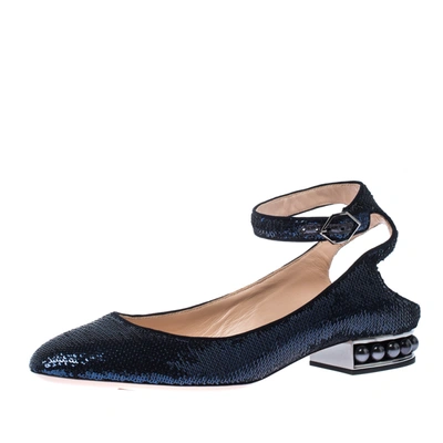 Pre-owned Nicholas Kirkwood Blue Sequins Lola Pearl Embellished Ankle Strap Sandals Size 40