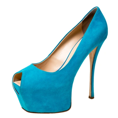 Pre-owned Giuseppe Zanotti Guisuppe Zanotti Blue Suede Liza Peep Toe Platform Pumps Size 40