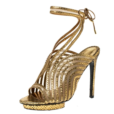 Pre-owned Tom Ford Gold Metallic Gold Python Leather Strappy Sandals Size 39