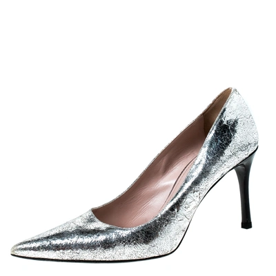 Pre-owned Miu Miu Silver Metallic Leather Specchio Pointed Toe Pumps Size 38.5