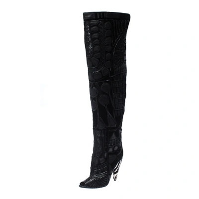 Pre-owned Tom Ford Black Leather/lace Peep Toe Over The Knee Boots Size 37.5