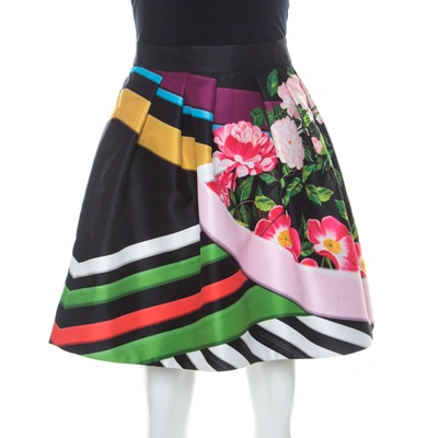 Pre-owned Mary Katrantzou Black Floral & Stripe Print Short Algernon Skirt S