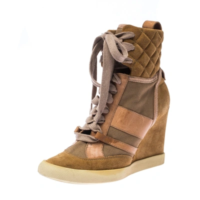 Pre-owned Chloé Beige/brown Suede Leather And Canvas Lace Up Wedge Ankle Boots Size 38