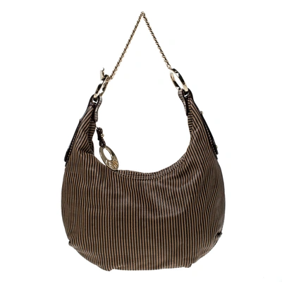Pre-owned Fendi Brown/black Stripe Perforated Leather Chef Chain Hobo