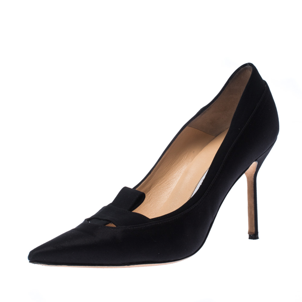 black satin pointed toe pumps