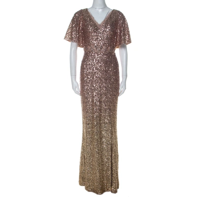 Pre-owned Marchesa Notte Blush & Gold Ombre Sequin Embellished Detail Gown S In Metallic