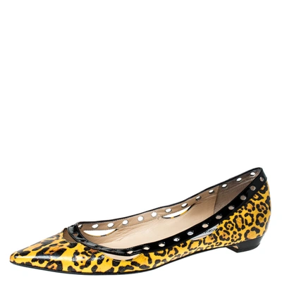 Pre-owned Jimmy Choo Yellow Leopard Print Leather Pointed Toe Flats Size 37.5