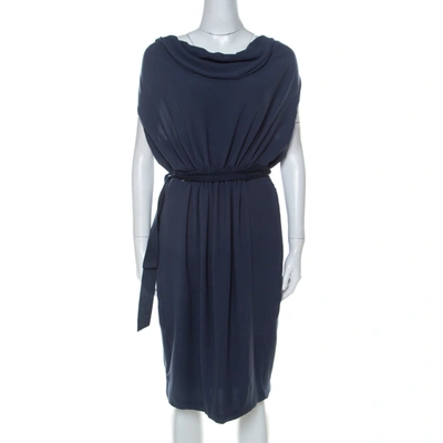Pre-owned Lanvin Blue-grey Crepe Gathered Waist Belted Draped Dress M