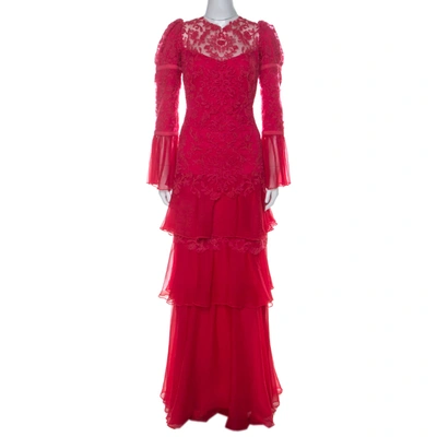 Pre-owned Tadashi Shoji Pink Chiffon & Lace Tiered Moreau Gown L