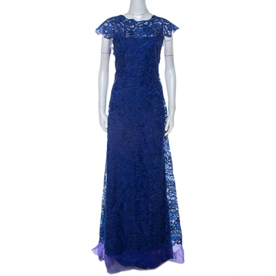 Pre-owned Tadashi Shoji Midnight Blue Lace Cap Sleeve Milien Evening Dress L
