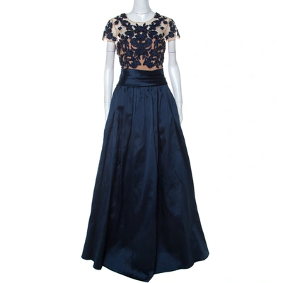 Pre-owned Marchesa Notte Midnight Blue Floral Embroidered Tulle Mikado Cap Sleeve Gown M